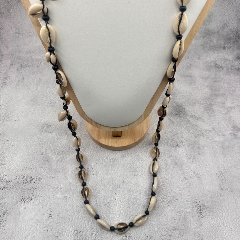 Natural Cowrie Shell Necklace Black Cord Long Boho Beach Coastal Vintage Jewelry